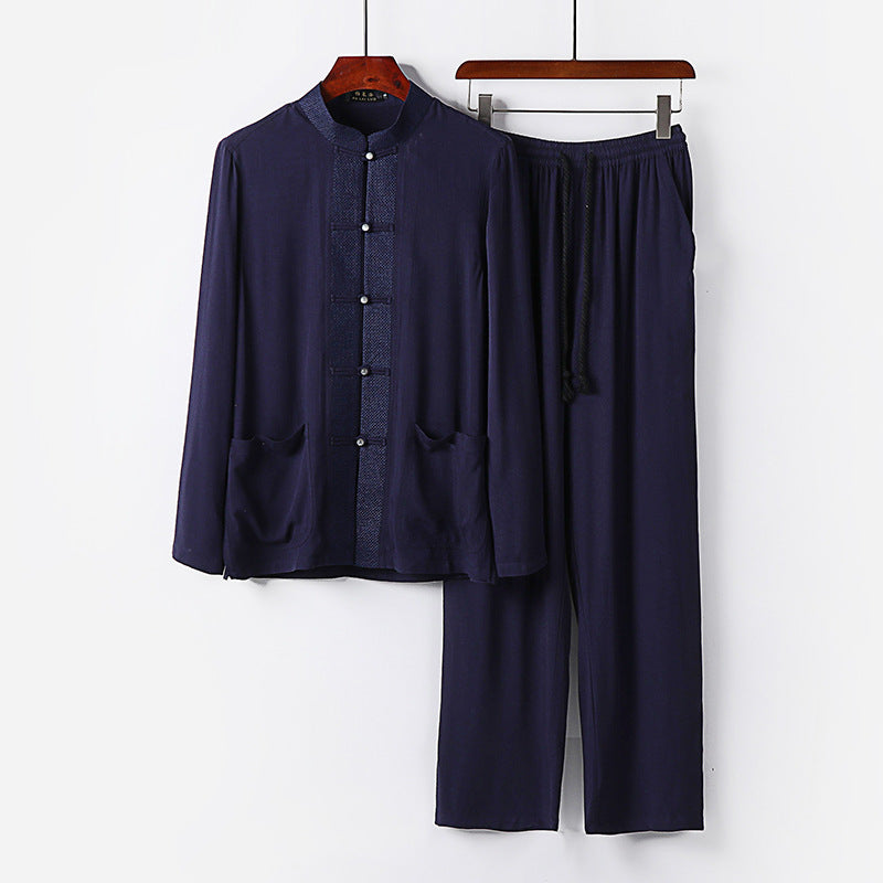 Herren Traditionelles Baumwoll-Loungewear-Set mit Stehkragen Knotenknöpfen und Kordelbundhose Echoarchiv