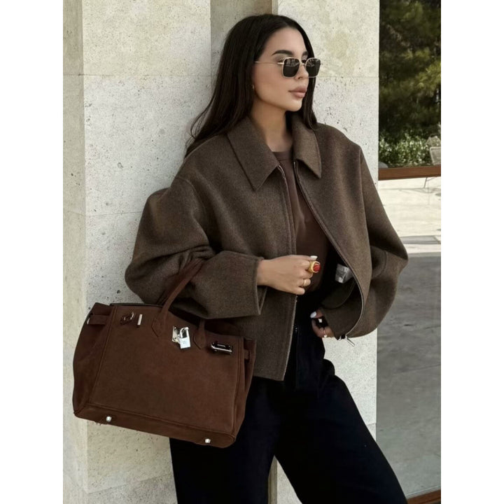 Damen Oversized Fleecejacke mit Reißverschluss und Hemdkragen – Célinea