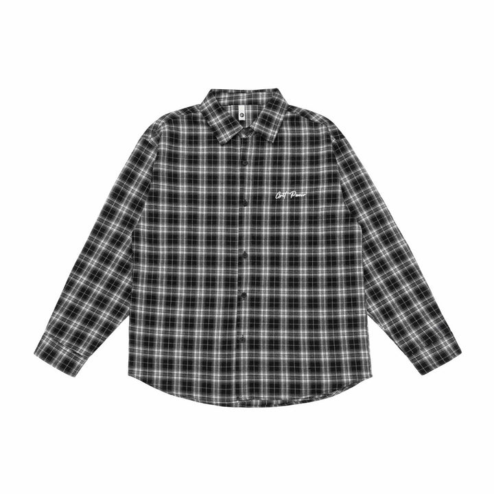 Unisex Kastenförmige Flanell-Hemdjacke mit gerundetem Saum und gesticktem Brustlogo Echoarchiv