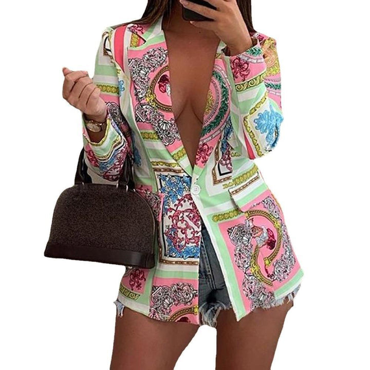 Damen Gemusterter Longline-Blazer mit Ein-Knopf-Verschluss und Seidentuch-Print Echoarchiv