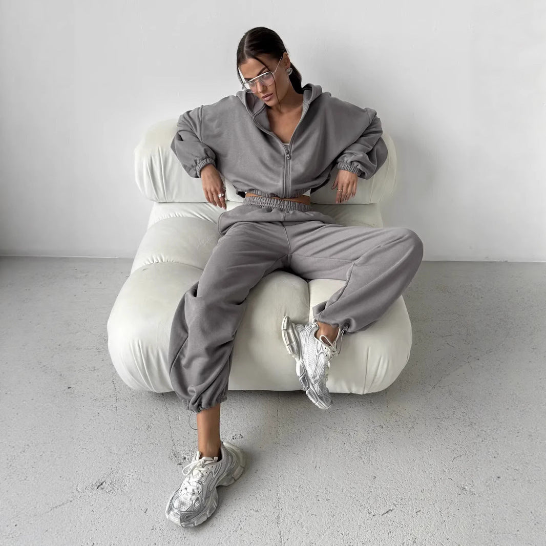 Damen Lounge-Set Cropped-Zip-Hoodie mit Oversize-Ärmeln und High-Waist Palazzo-Jogger – Élanora