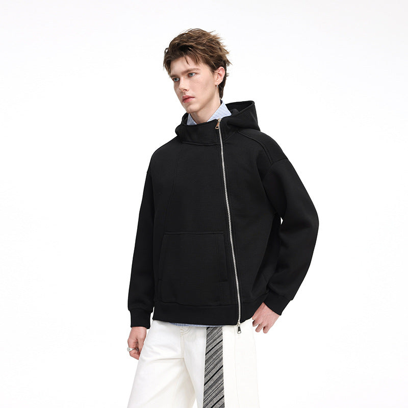 Unisex Asymmetrischer Kapuzenpullover mit hohem Kragen, diagonalem Reißverschluss und Kängurutasche Echo Archiv