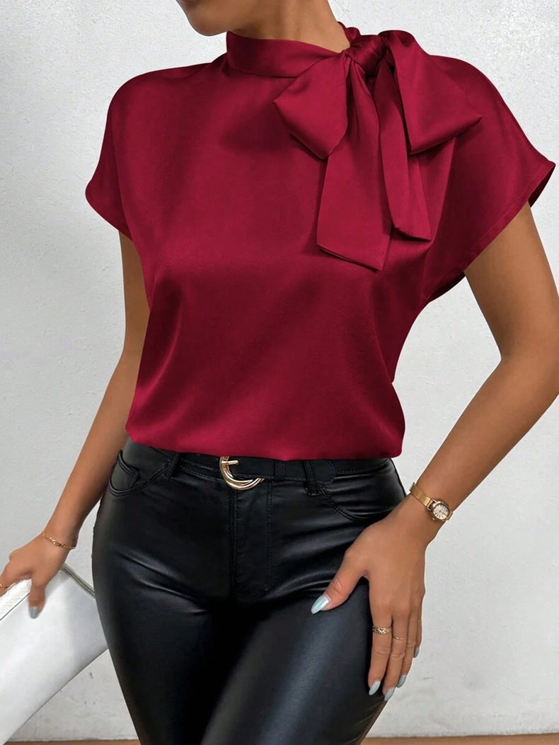 Satinbluse Kurzarm Hoher Kragen mit Schleife Eleganter Entspannter Schnitt – Élovi