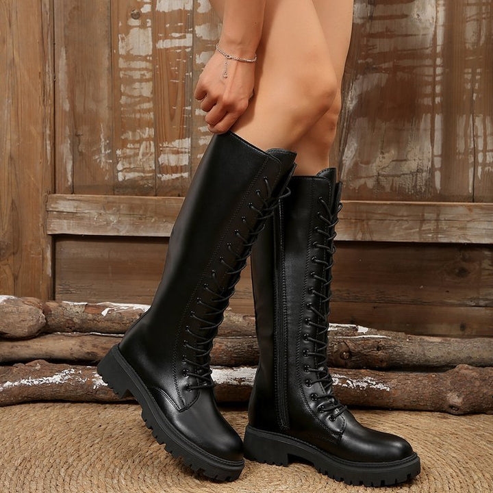 Damen knielange Schnür-Reitstiefel mit seitlichem Reißverschluss und profilierter Gummisohle – Lioré
