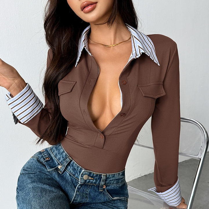 Damen Elegantes langärmliges Body mit Hemdkragen und Knopfdetails Echo Archiv