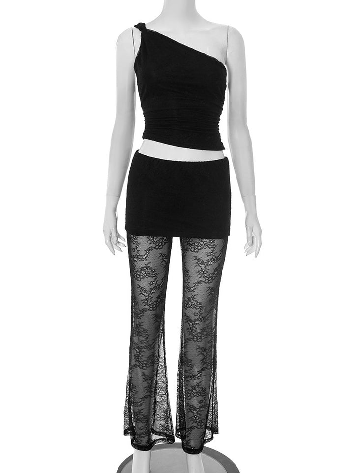 Damen asymmetrisches Oberteil mit elegantem Spitzen-Details und figurbetonten Leggings Echo Archiv