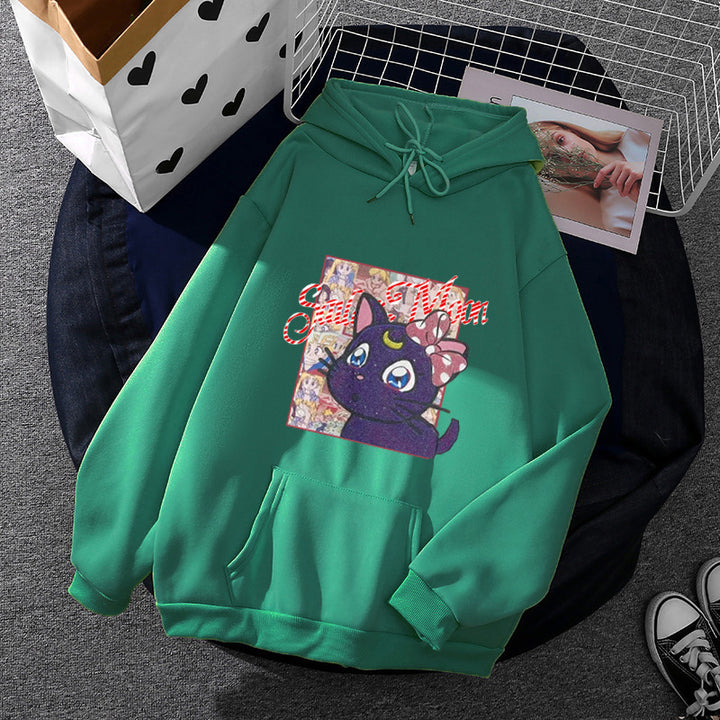 Damen Oversize-Kapuzenpullover mit glitzerndem Anime-Katzen-Motiv, Kängurutasche und weichem Fleece-Innenfutter – Auréline