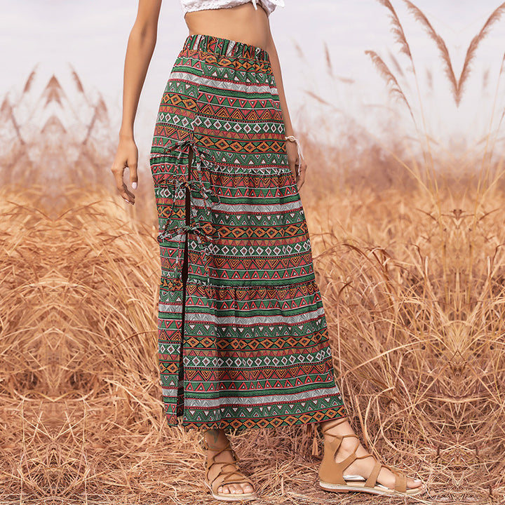 Damen Maxi-Stufenrock mit elastischem Taillenbund, seitlichen Knotendetails und Ethno-Print Echoarchiv