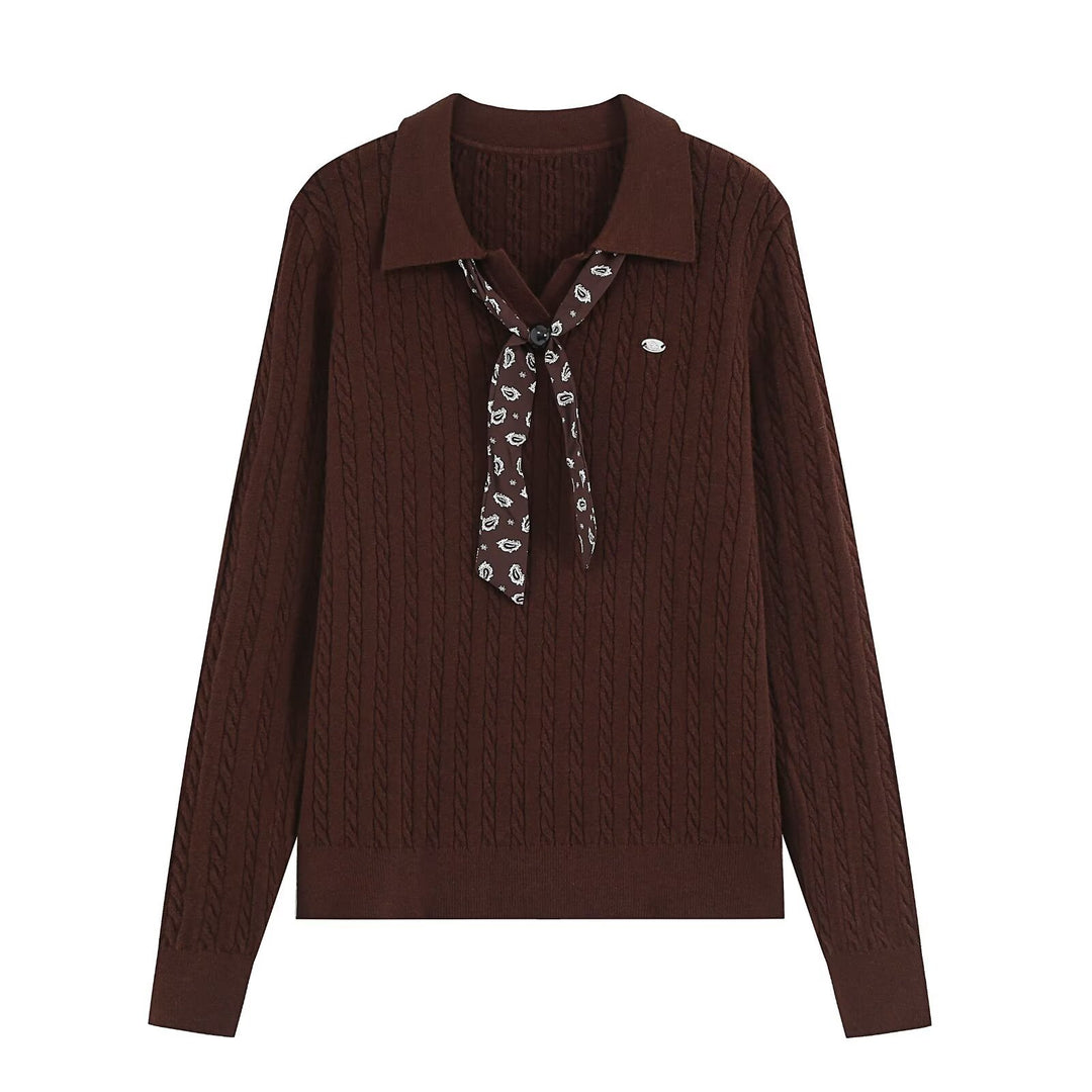 Damen Strickpullover mit Troyer‑Kragen und Zierkrawatte Echoarchiv