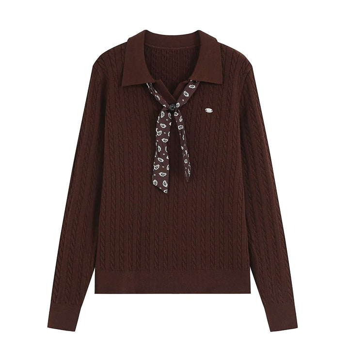 Damen Strickpullover mit Troyer‑Kragen und Zierkrawatte Echoarchiv