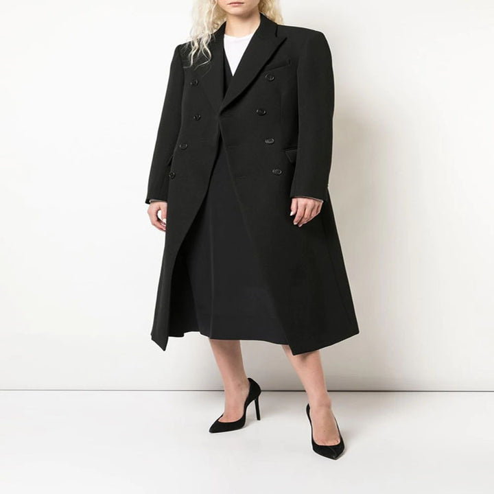 Damen Schmal geschnittener zweireihiger Wollmix‑Longcoat mit markanter Schulter Echoarchiv