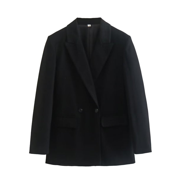 Damen figurbetonter zweireihiger Longblazer mit spitzem Revers leicht verlängertem Saum und Pattentaschen – Valéne
