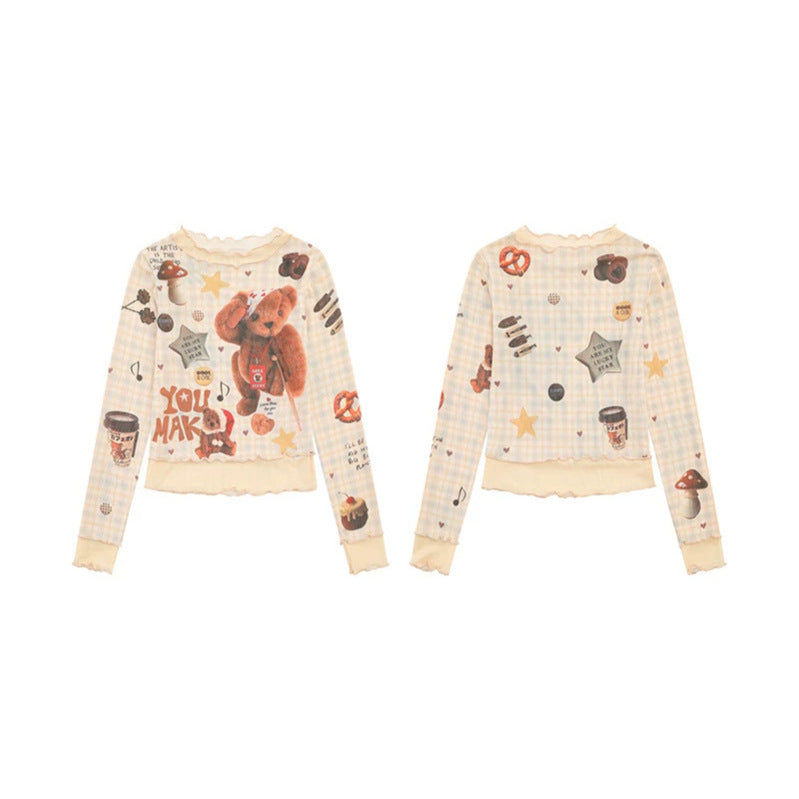 Damen Langarm Mesh-Top mit Teddy-Print und Lagenoptik Echoarchiv