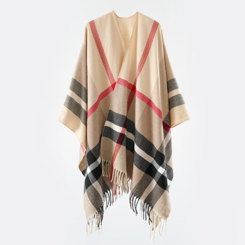 Damen Oversize-Poncho im Kaschmir‑Touch mit V‑Ausschnitt und Fransensaum Echo Archiv
