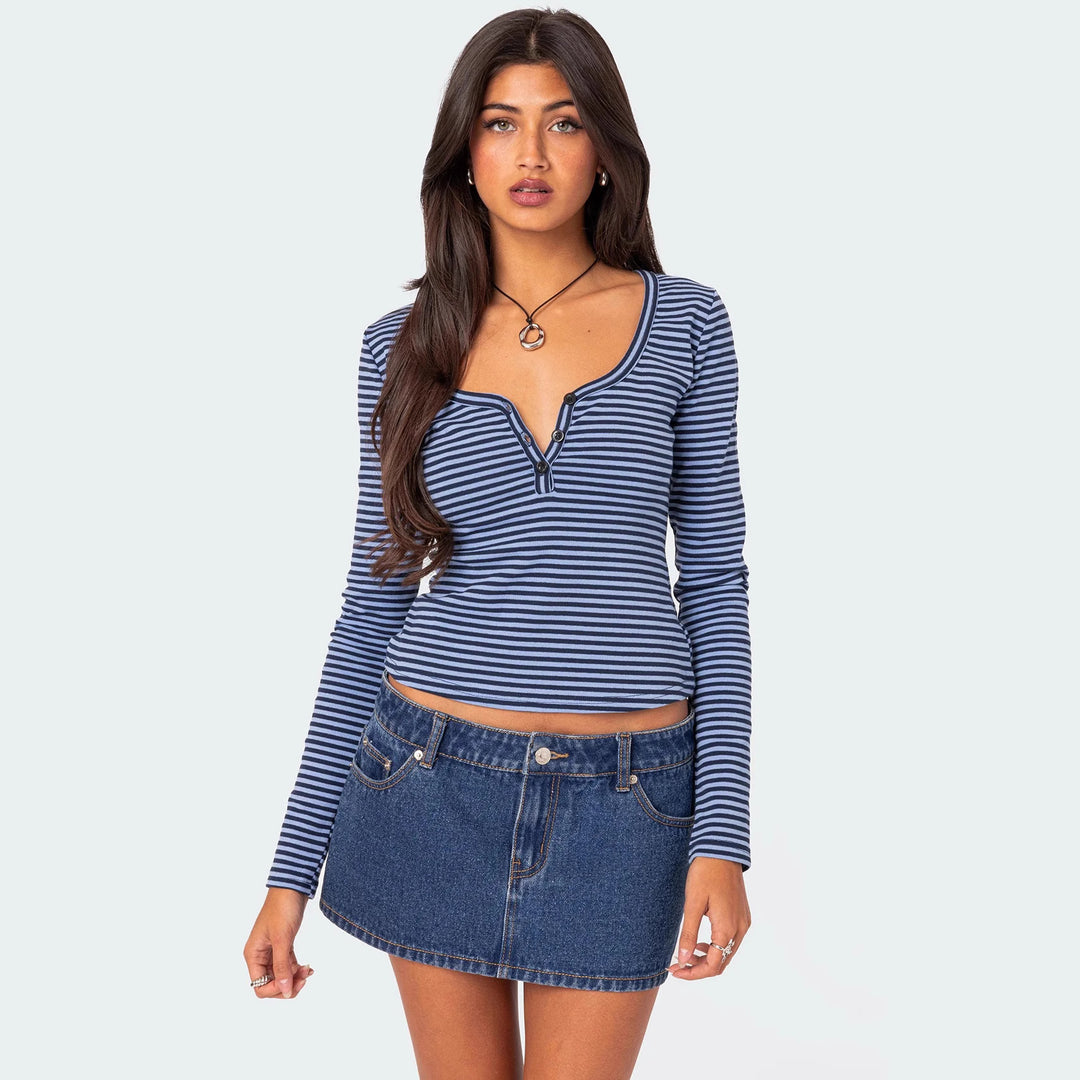 Damen Langarmshirt mit dehnbarem Streifenmuster und figurbetontem Schnitt Echo Archiv