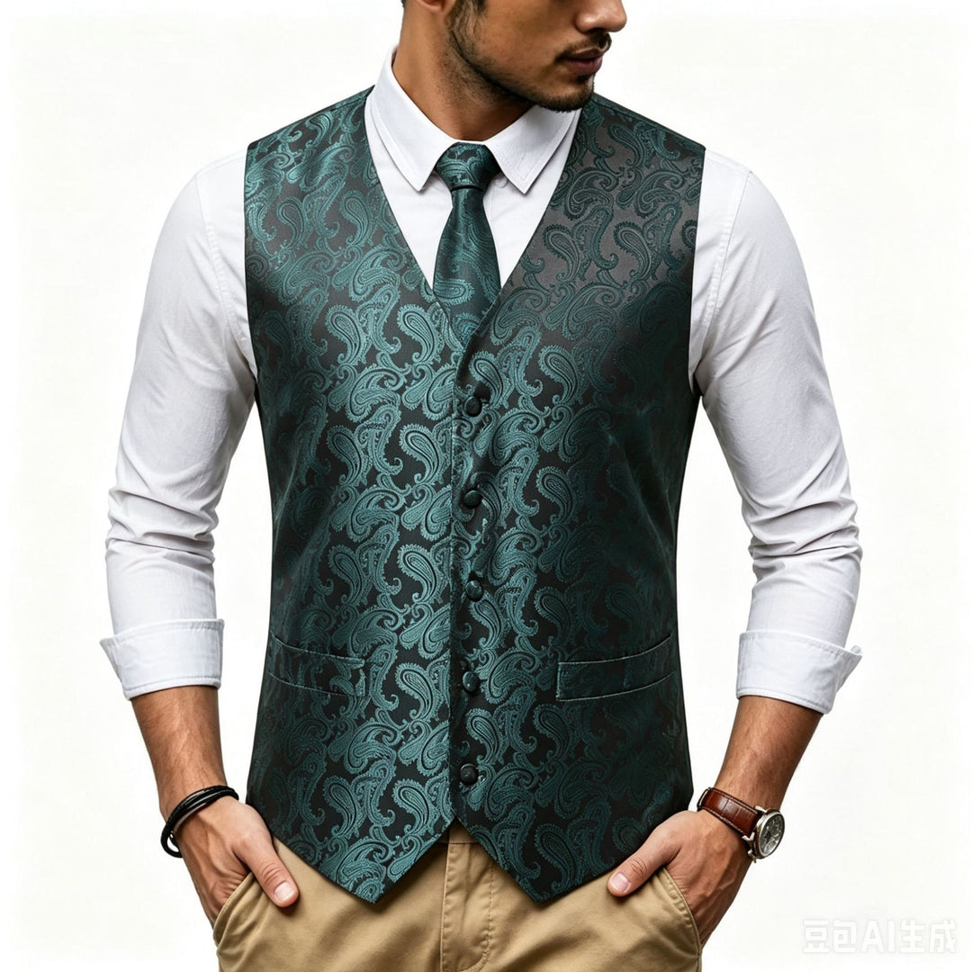 Herren Satin-Jacquard-Weste mit Paisley-Muster und passender Krawatte Echo Archiv