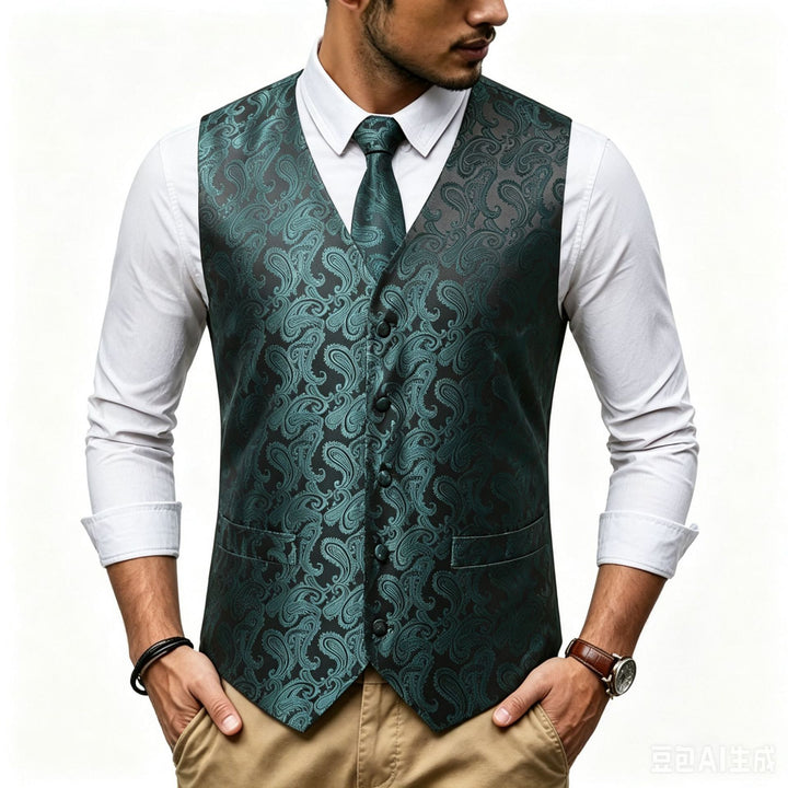 Herren Satin-Jacquard-Weste mit Paisley-Muster und passender Krawatte Echo Archiv