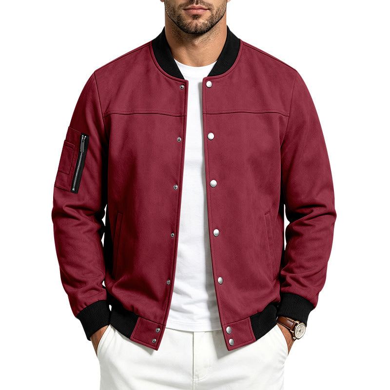 Herren Veloursleder‑Optik Bomberjacke mit Druckknopfleiste, Ärmeltasche und Rippbündchen – Brevano