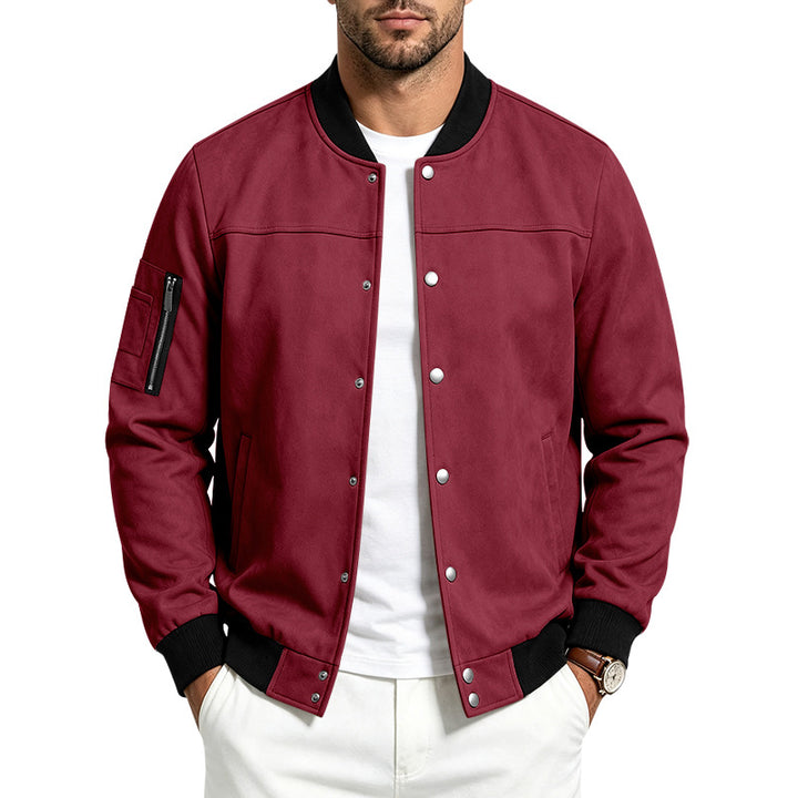 Herren Veloursleder‑Optik Bomberjacke mit Druckknopfleiste, Ärmeltasche und Rippbündchen – Brevano