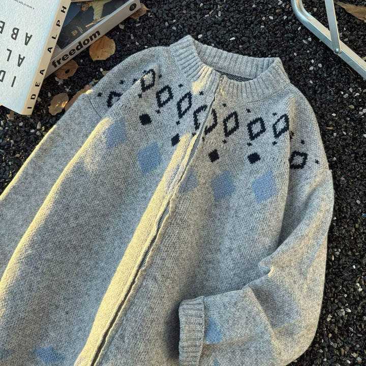 Unisex Grobgestrickte Norweger-Cardigan mit Rundhals, durchgehendem Reißverschluss und Jacquard‑Yoke Echoarchiv