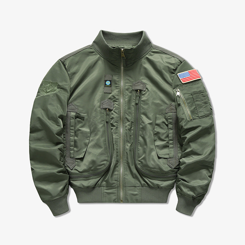 Men's tactical flight bomber jacket with multiple angled zip and flap pockets – Brevano
