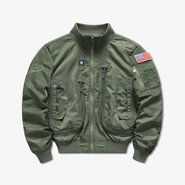 Men's tactical flight bomber jacket with multiple angled zip and flap pockets – Brevano