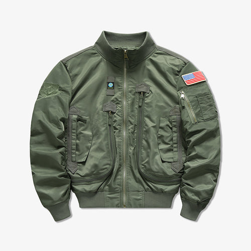 Men's tactical flight bomber jacket with multiple angled zip and flap pockets – Brevano