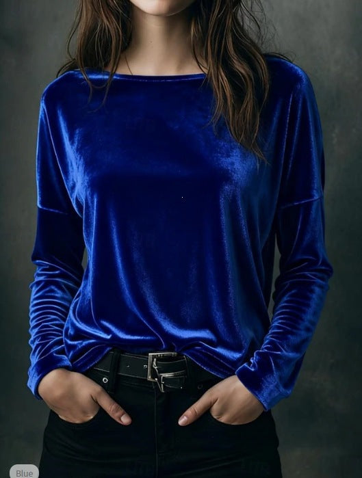 Damen Feines Velours-Langarmshirt mit U-Boot-Ausschnitt und kastiger Silhouette Echoarchiv