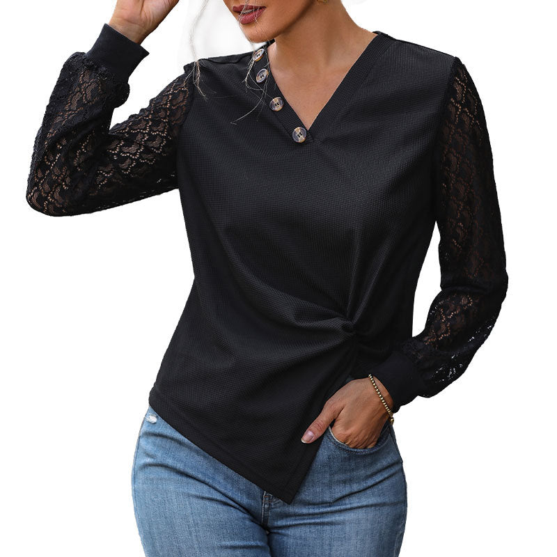 Damen V-Ausschnitt Blusenshirt mit Spitzenärmeln, asymmetrischer Knopfleiste und Knotenfront Echoarchiv