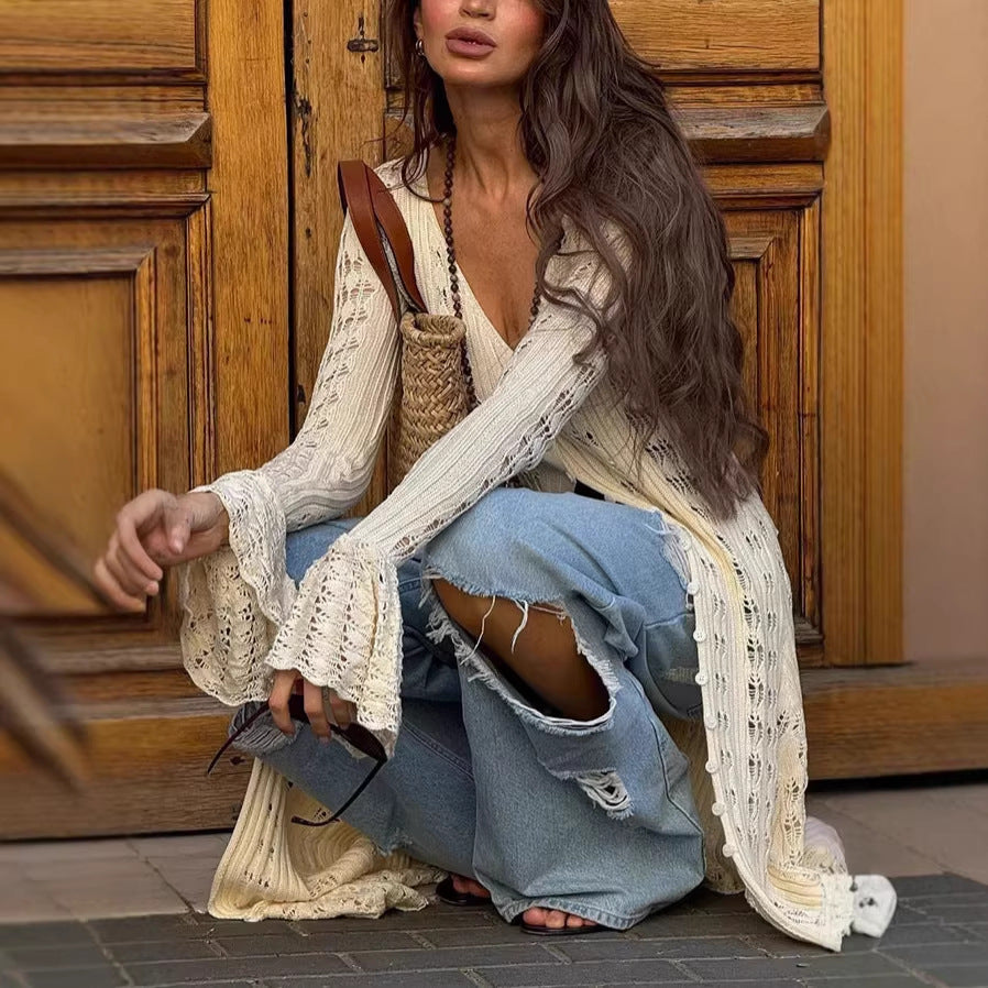 Damen Langer Häkelstrick-Cardigan mit Glockenärmeln und Offener Front – Veloura