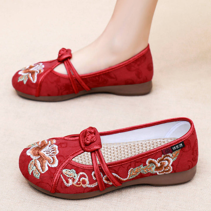 Damen nan bestickte Mary-Jane Slipper mit chinesischem Knotenverschluss und orthopädischer Komfortsohle Echo Archiv