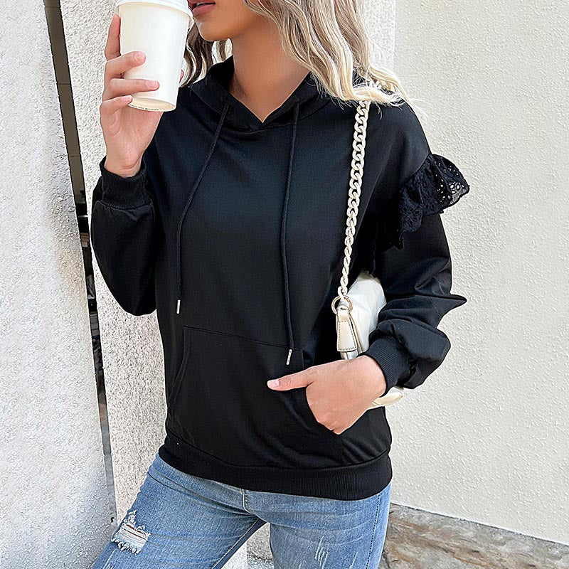 Damen Kapuzenpullover mit Spitzenvolant, Kängurutasche & Rippbündchen Echoarchiv