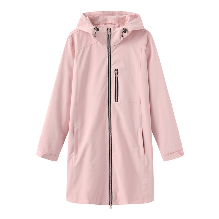 Damen nan lange schlanke Funktionsregenjacke mit durchgehendem Reißverschluss Brustreißverschlusstasche und Klettmanschetten Echo Archiv