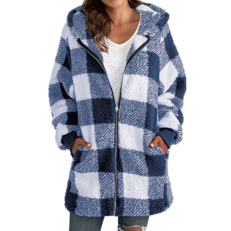 Damen Kariertes Teddy-Fleece-Mantel mit Kapuze und Reißverschluss Echo Archiv