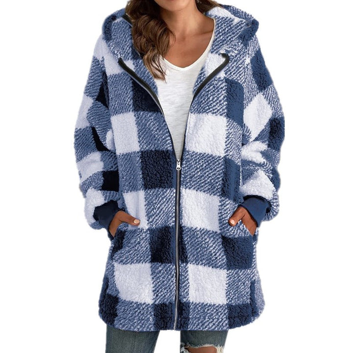 Damen Kariertes Teddy-Fleece-Mantel mit Kapuze und Reißverschluss Echo Archiv