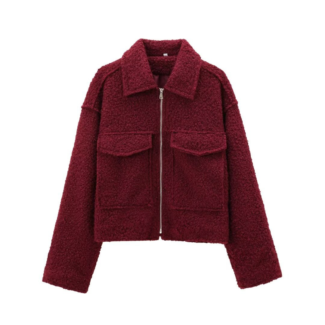 Damen Kurz geschnittene Teddyjacke mit Reißverschluss, Kragen und aufgesetzten Klappentaschen Echo Archiv