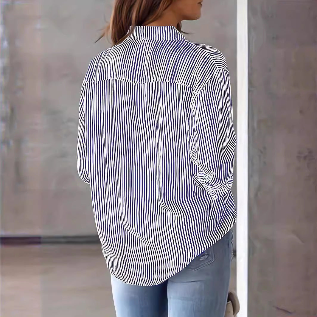 Damen Leichte Oversize-Hemdbluse mit vertikalen Streifen, Kentkragen und dreiviertelärmeln Echoarchiv