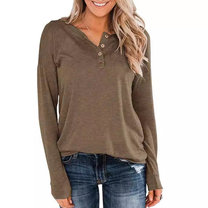 Damen modisches Langarm-Henley-Shirt mit Knopfleiste Echoarchiv