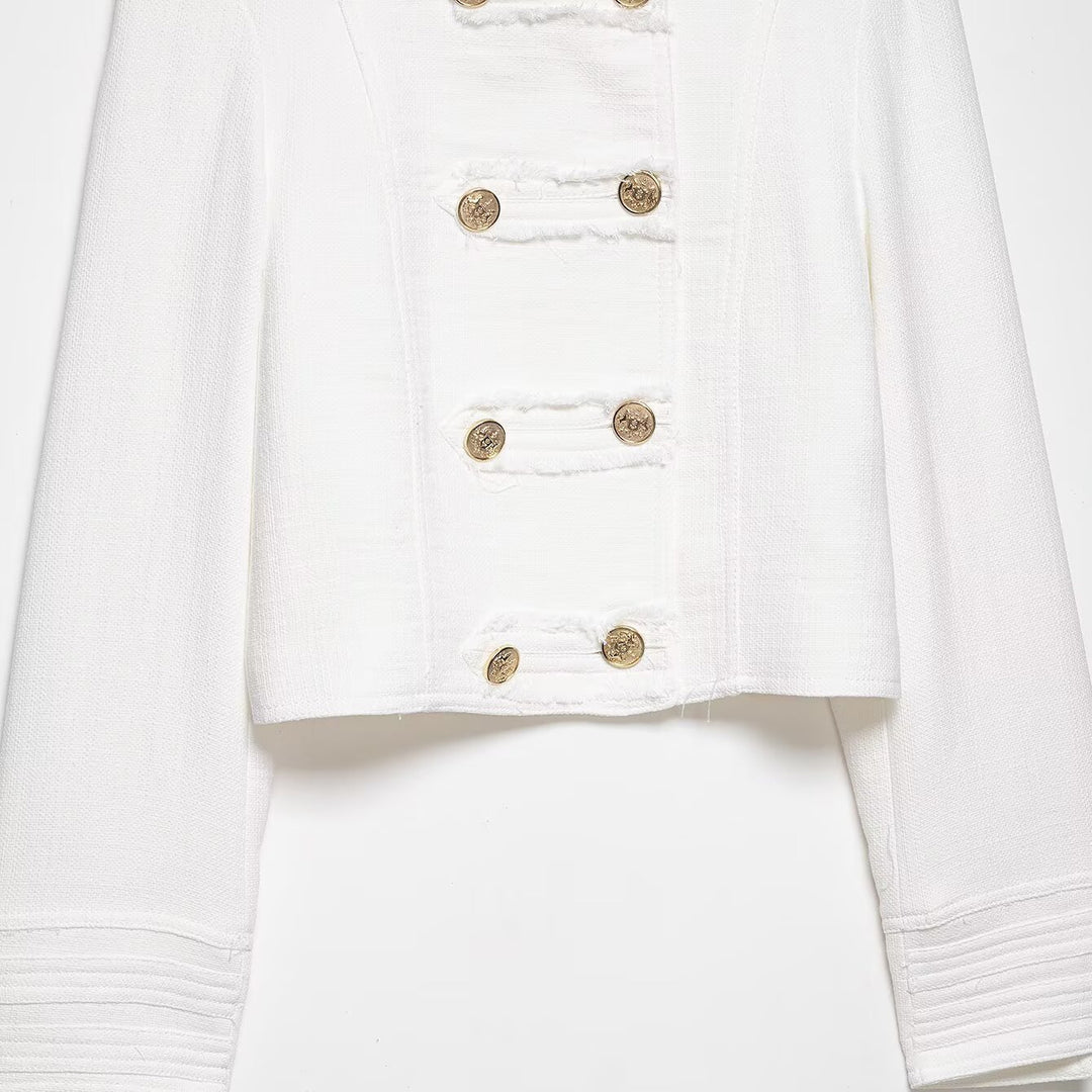 Damen Kurzjacke im Military‑Stil aus Bouclé mit Stehkragen und Zierknopfleiste Echo Archiv