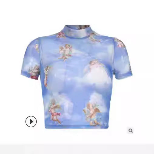 Damen Hochgeschlossenes Crop-Top mit romantischem Engelmotiven Echo Archiv