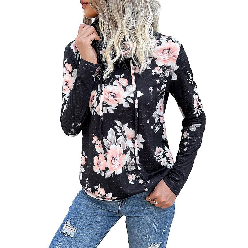 Damen Floraler Leichter Kapuzenpullover mit Wasserfallkragen und Tunnelzug Echoarchiv
