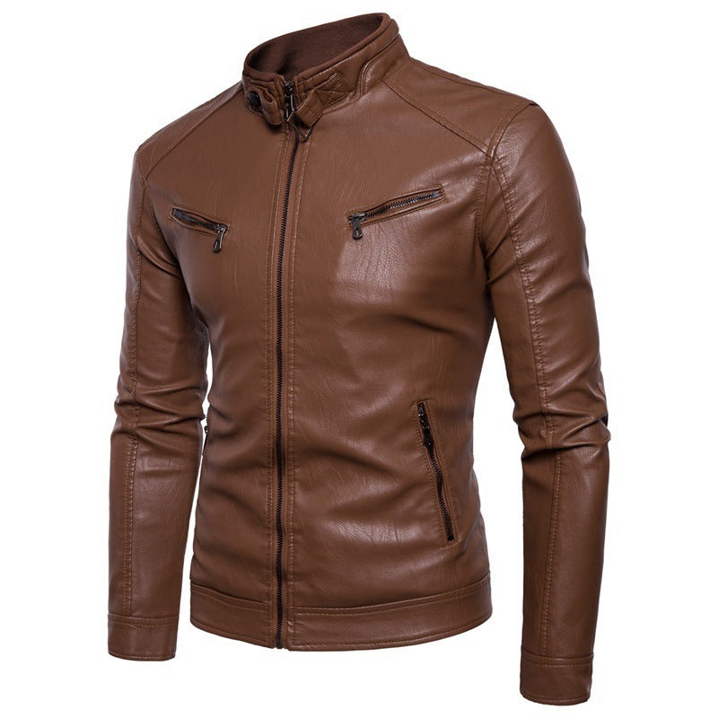 Herren elegante Kunstleder-Motorradjacke mit Stehkragen Echoarchiv