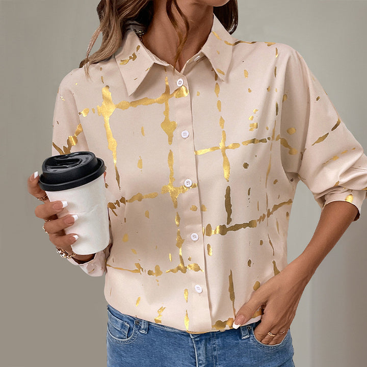 Damen Elegante Langarm-Bluse mit Gold-Folienprint, Hemdkragen und lockerem Schnitt Echoarchiv