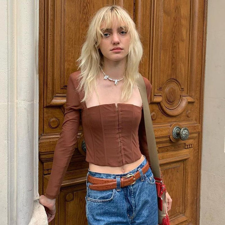 Damen Cropped Oberteil mit transparenten Ärmeln und strukturiertem Schnitt Echo Archiv