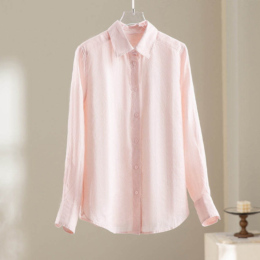 Damen Locker fallende Leinenmix-Bluse mit Hemdkragen und Manschetten Echoarchiv