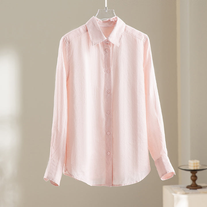 Damen Locker fallende Leinenmix-Bluse mit Hemdkragen und Manschetten Echoarchiv