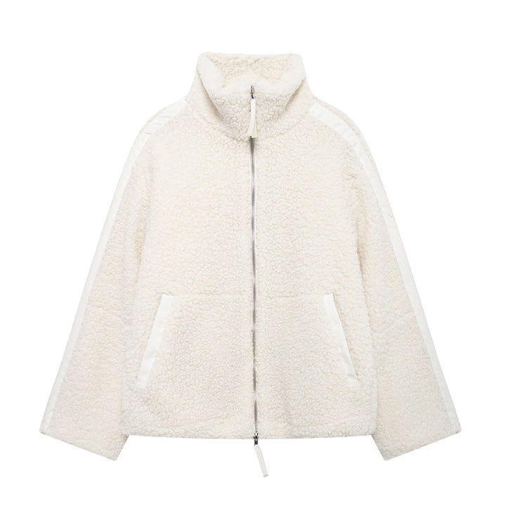 Damen Teddy-Fleece-Jacke mit Stehkragen und Lederoptik-Details Echo Archiv