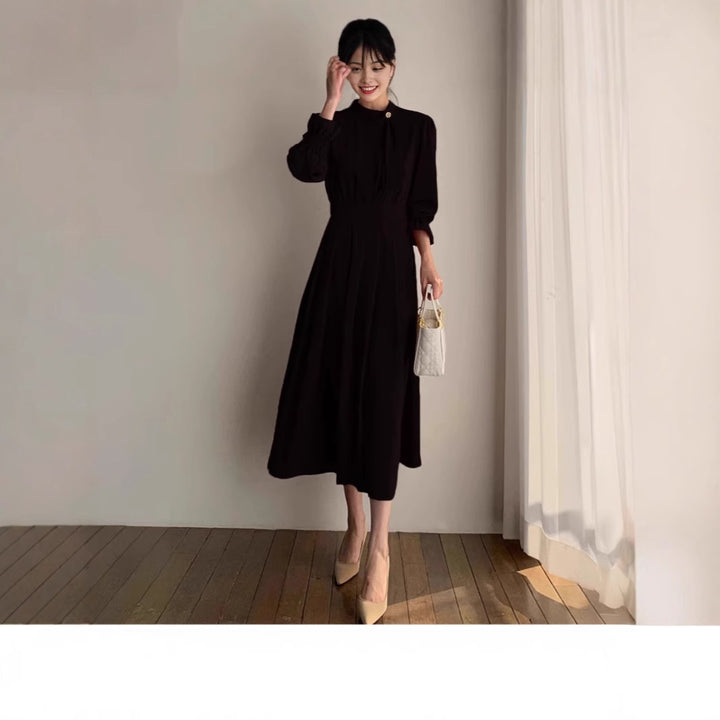 Damen Midikleid mit Stehkragen, Schleifenblende und geraffter Taille Echoarchiv