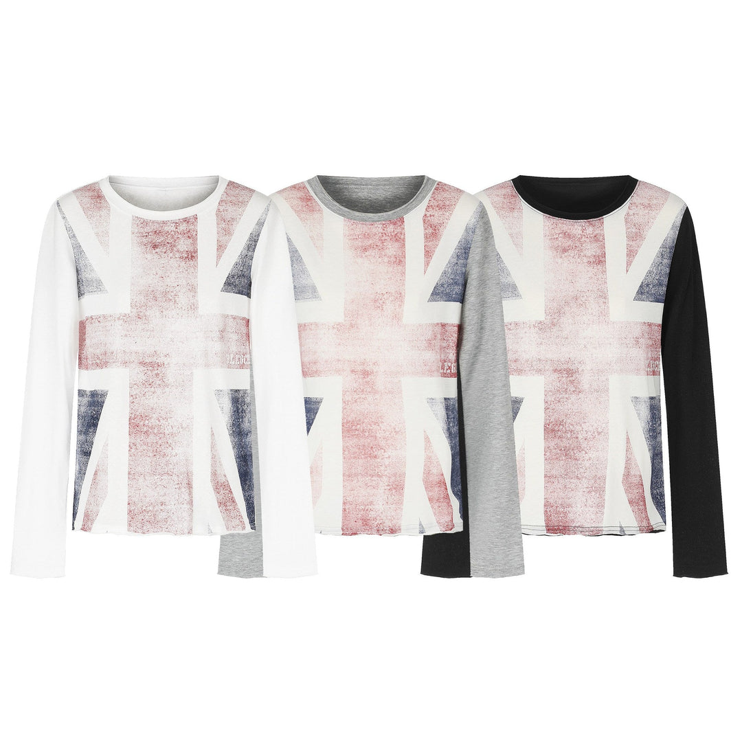 Damen Rundhals-Longsleeve aus Baumwollmix mit Vintage-Union-Jack-Print und Kontrastärmeln Echoarchiv