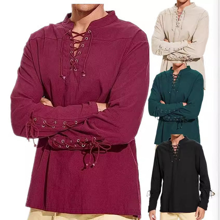 Herren Langarm Leinenhemd mit modernem Schnürdesign Echoarchiv